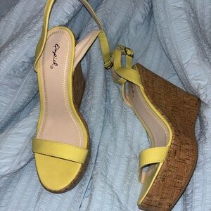 Qupid Yellow Cork Wedge Sandals